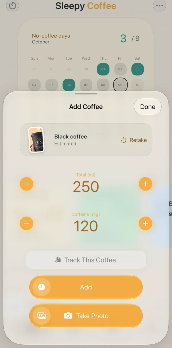 Add Coffee after a photo: Black coffee, estimated, 250 ml and 120 mg filled in