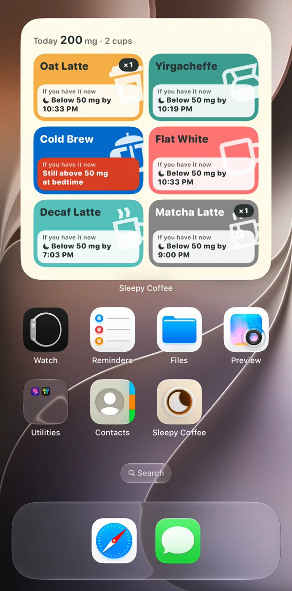 Home Screen with the large Log a Cup widget: six coffees as colored tiles you tap to log, each showing when it would drop below 50 mg if you had it now