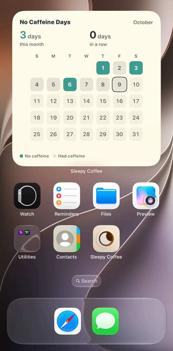 Home Screen with the large No Caffeine Days widget: 3 days this month on an October calendar