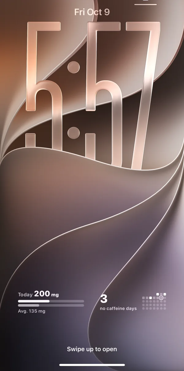 Lock Screen with Sleepy Coffee widgets: today’s 200 mg and 3 no-caffeine days