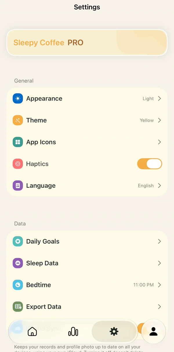 Settings: Sleepy Coffee Pro, appearance, theme, app icons, haptics, language and data