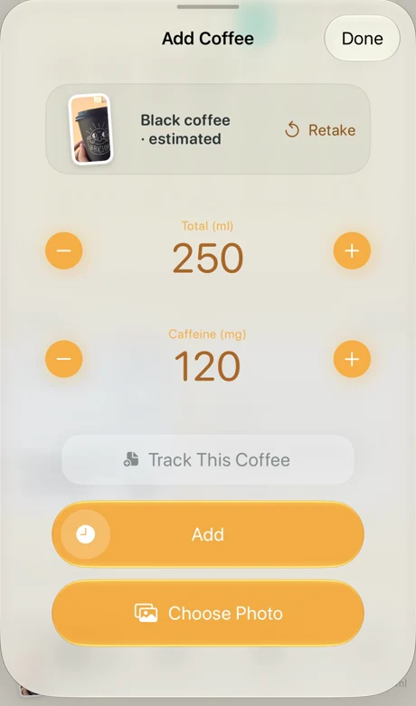 Add Coffee sheet after a photo: Black coffee, estimated, 250 ml and 120 mg filled in, with Retake