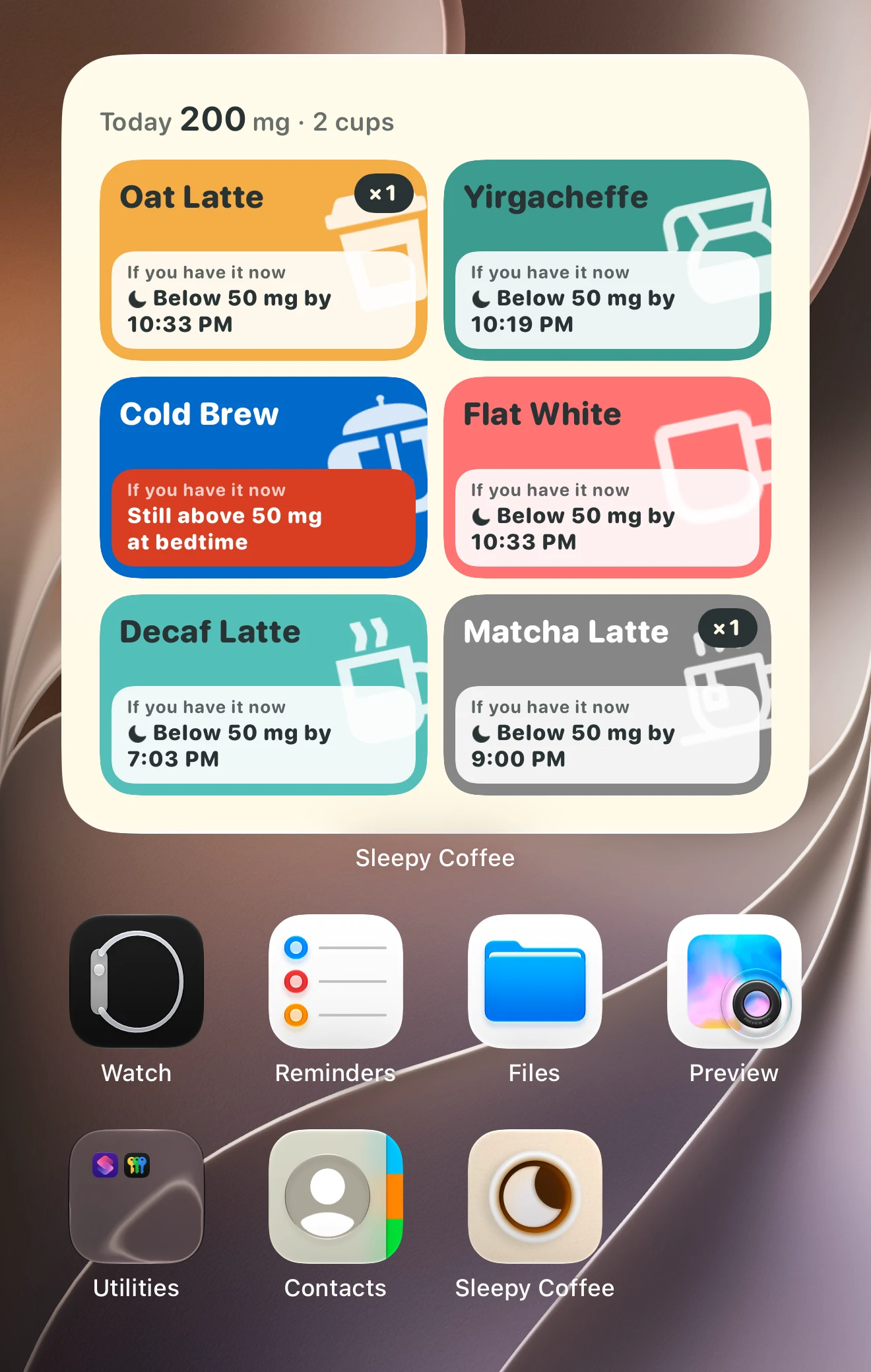 iPhone Home Screen with the large Log a Cup widget: today 200 mg and 2 cups, and six coffees as colored tiles you tap to log